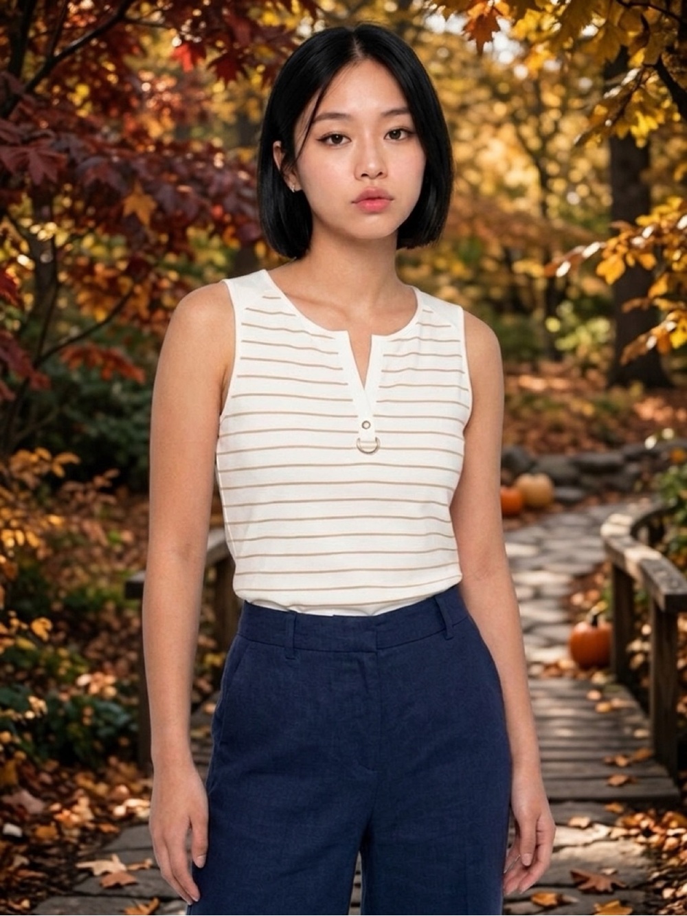 Karen Scott Cream Sleeveless Top with Tan Stripes and Ring Detail